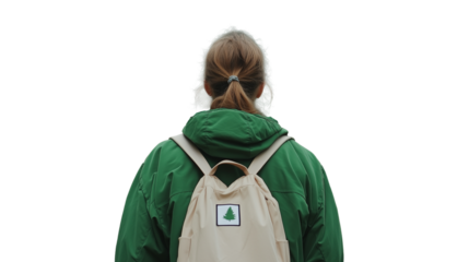 Person in green jacket with backpack on transparent background