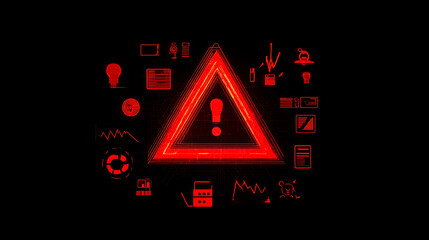 A red exclamation mark in the shape of a triangle on a black background, with cyber security icons and graphs floating around it