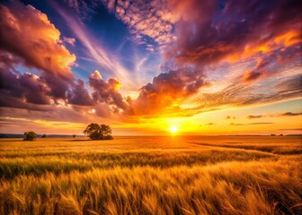 Obraz premium Breathtaking Sunset Over a Golden Field with Silhouetted Grass, Capturing the Beauty of Nature's Evening Palette and Tranquility for Peaceful Landscape Photography