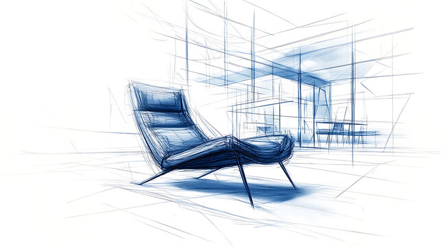 Intricate sketch of modern chair design in detailed schematic blueprint