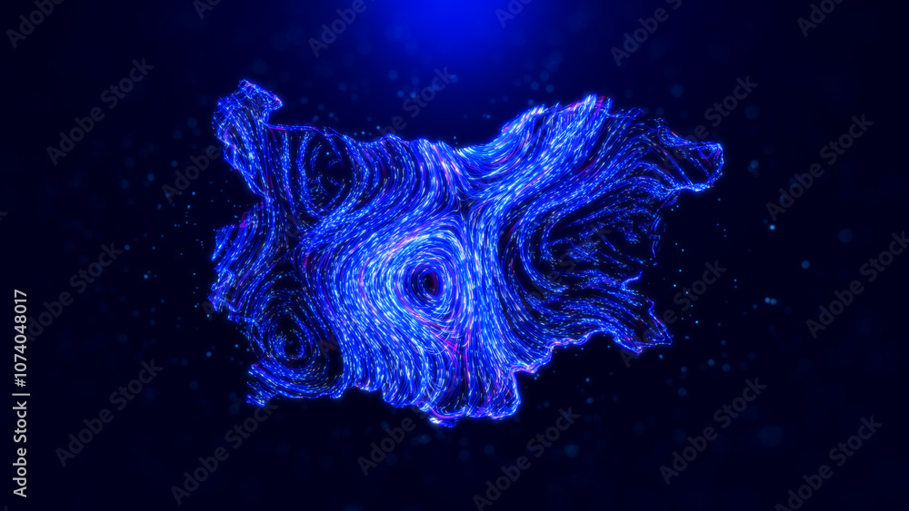 Poster abstract bulgaria map design, featuring glowing blue hairlines, dynamic flowing patterns, and scatte