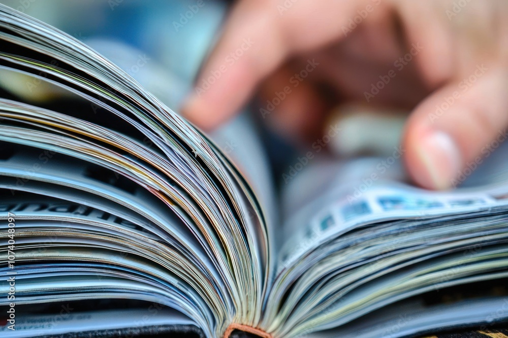 Poster Close-up of an Open Book with a Blurry Hand in the Background