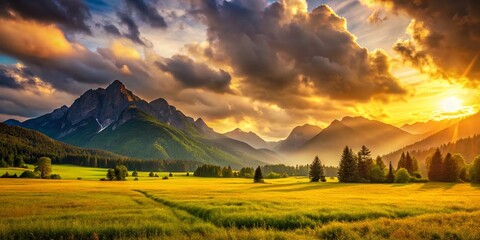 Obraz premium Breathtaking Sunset Over Mountain Valley Illuminating Grassy Fields and Dramatic Peaks Under Cloudy Sky for Food Photography Inspiration