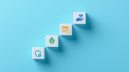 Integrated healthcare services concept: Cubes with symbols for care, recycling, and communication, representing a holistic approach to health and environmental wellness.