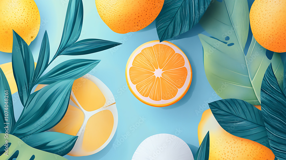 Poster a vibrant flat illustration of lemons and oranges, with tropical leaves, creating an exotic summer p