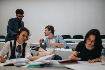 A group of university students work on assignments with their professor providing guidance in a modern classroom setting. The scene depicts active collaboration and focused learning.