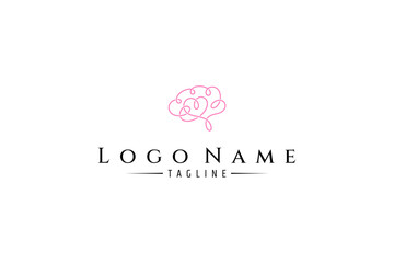 brain logo with heart or love symbol in pink line art design style