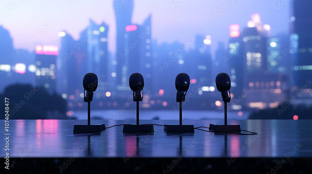 Poster microphones on a table with a cityscape backdrop, symbolizing journalism and media for daily breakin