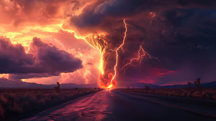 Massive tornado with lightning storm over deserted road