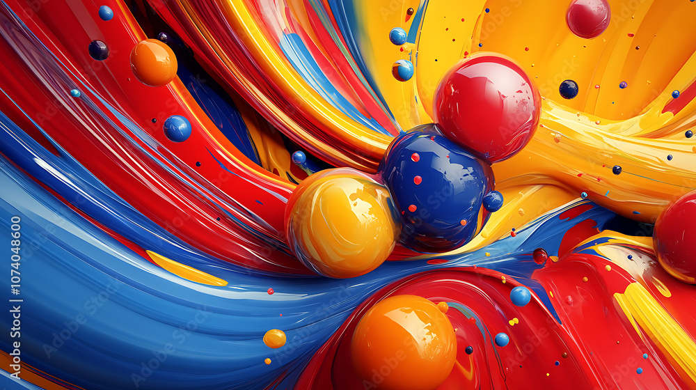 Poster Abstract background with colorful paint strokes and spheres, dynamic shapes and lines in a red, blue, yellow and orange palette