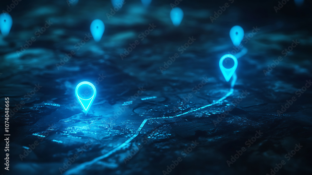 Aufkleber abstract blue glowing location pins on a dark background with copy space, a map route path showing t