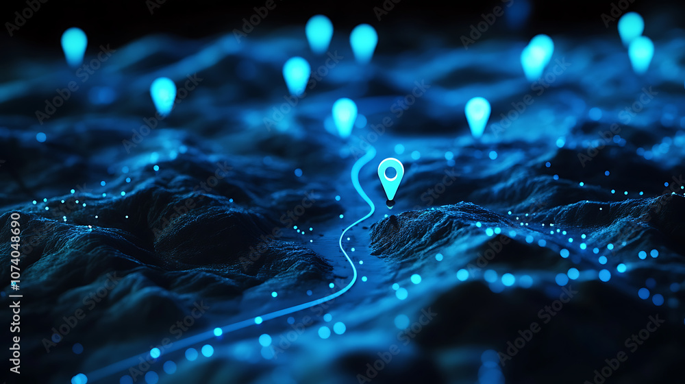 Leinwandbilder abstract blue glowing location pins on a dark background with copy space, a map route path showing t