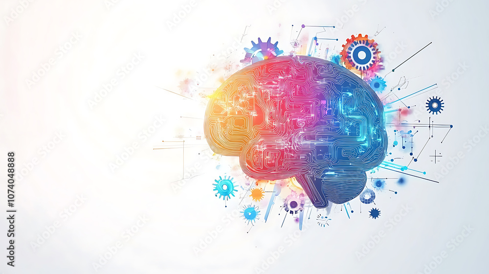 Poster Abstract illustration of an AI brain with colorful splashes and gears on a white background design for a digital marketing or tech concept banner