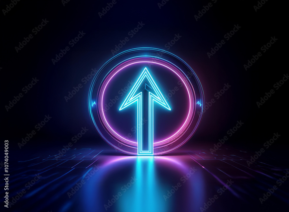 Poster a glowing blue arrow points upward within a neon circle. the arrow is surrounded by a pink ring and 