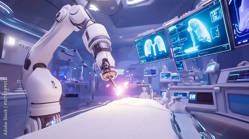 Poster advanced robotic arm performing surgery in high-tech operating room