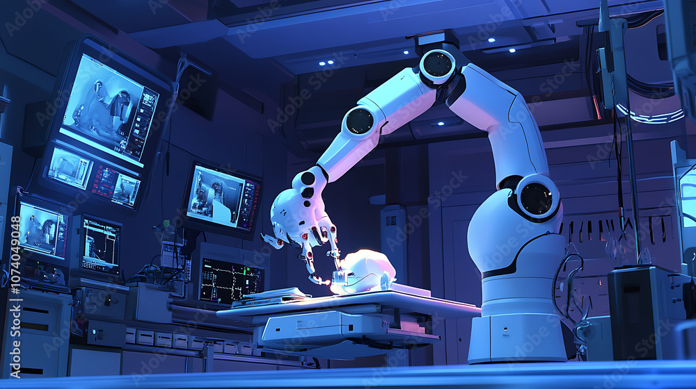 Poster advanced robotic arm performing surgery in high-tech operating room