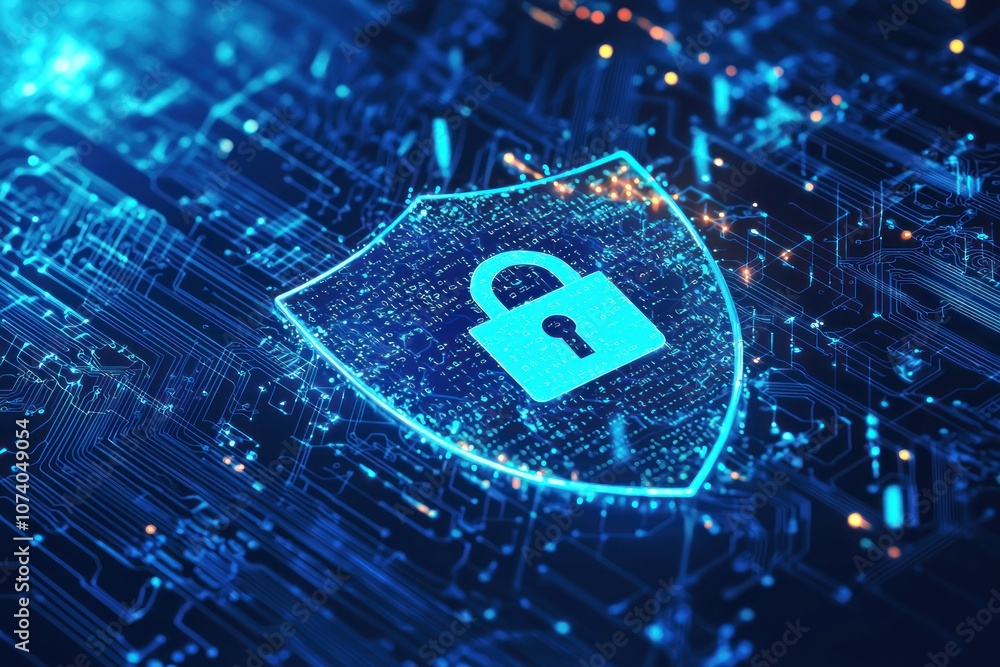 Poster A glowing padlock icon within a shield shape, embedded in a blue circuit board, representing digital security.