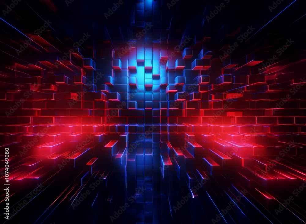 Poster Abstract 3D rendering of a glowing tunnel with a blue light source at the end and red lights on the sides.