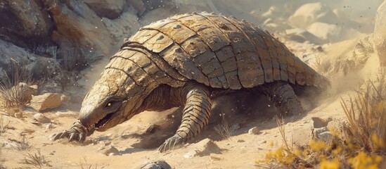 Obraz premium A large, armored creature with a reptilian head and a thick, segmented shell walks across a sandy desert landscape.