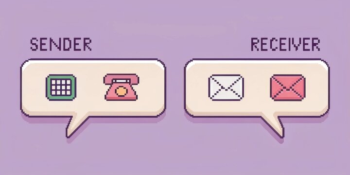 Retro Pixel Message A rounded message bubble with a soft lavender background. Classic pixel art icons for sender and receiver are to either side with basic white text flashing