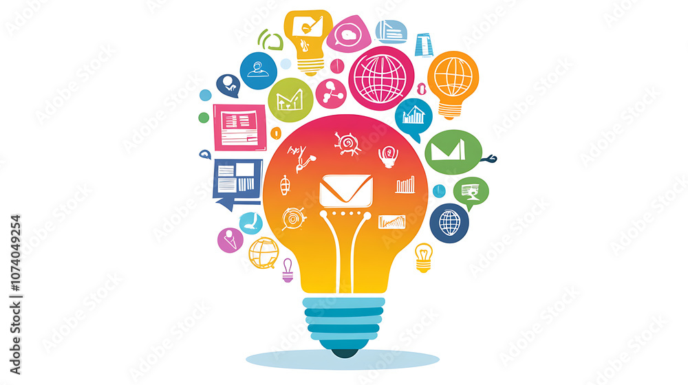 Poster Artistic drawing of a colorful light bulb with various business icons emerging from it, against a white background