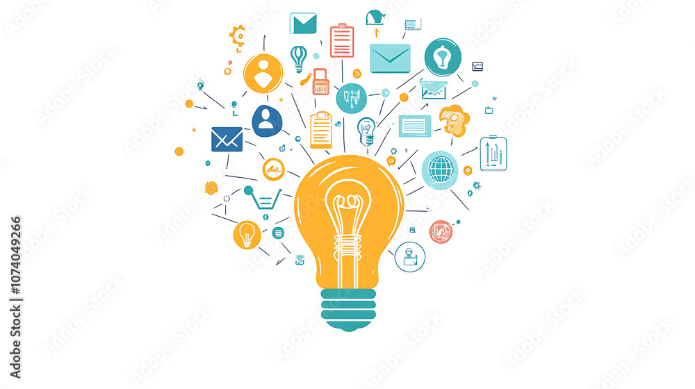 Poster artistic drawing of a colorful light bulb with various business icons emerging from it, against a wh