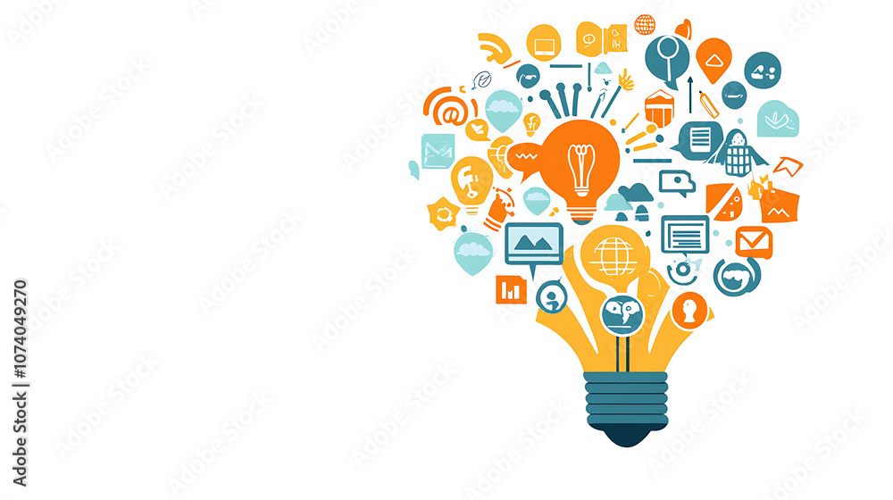 Poster artistic drawing of a colorful light bulb with various business icons emerging from it, against a wh