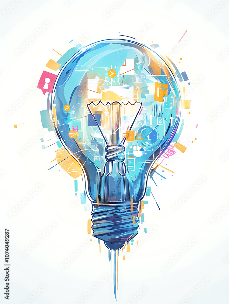 Poster artistic drawing of a colorful light bulb with various business icons emerging from it, against a wh