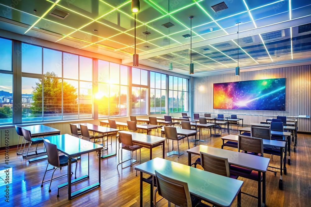 Poster bright and spacious classroom with neat desks and projector screen in double exposure style, emphasi