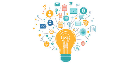 Artistic drawing of a colorful light bulb with various business icons emerging from it, against a white background