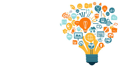 Artistic drawing of a colorful light bulb with various business icons emerging from it, against a white background