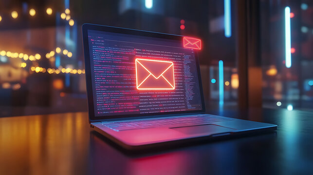 An open laptop with an envelope icon on the screen email advertisement