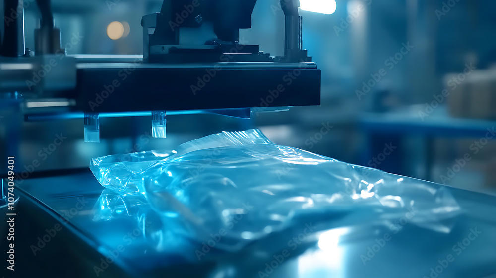 Poster automatic machine for making plastic bags with light effect, close-up of a roller of a machine for t