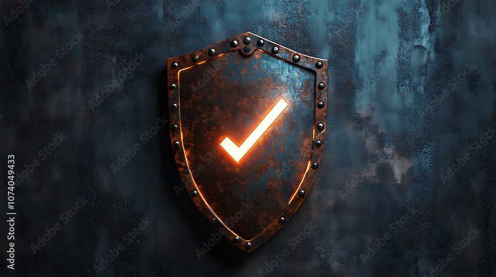 Aufkleber Rust programming language concept illustrated by a rusty shield with a digital glowing checkmark, symbolizing security and reliability in software development