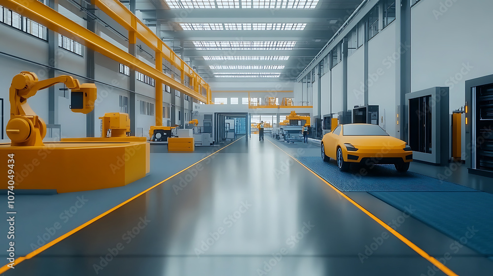 Poster automated car production line with robotic arms in modern factory