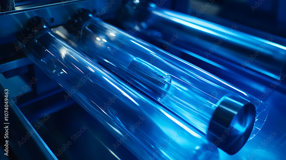 Poster automatic machine for making plastic bags with light effect, close-up of a roller of a machine for t