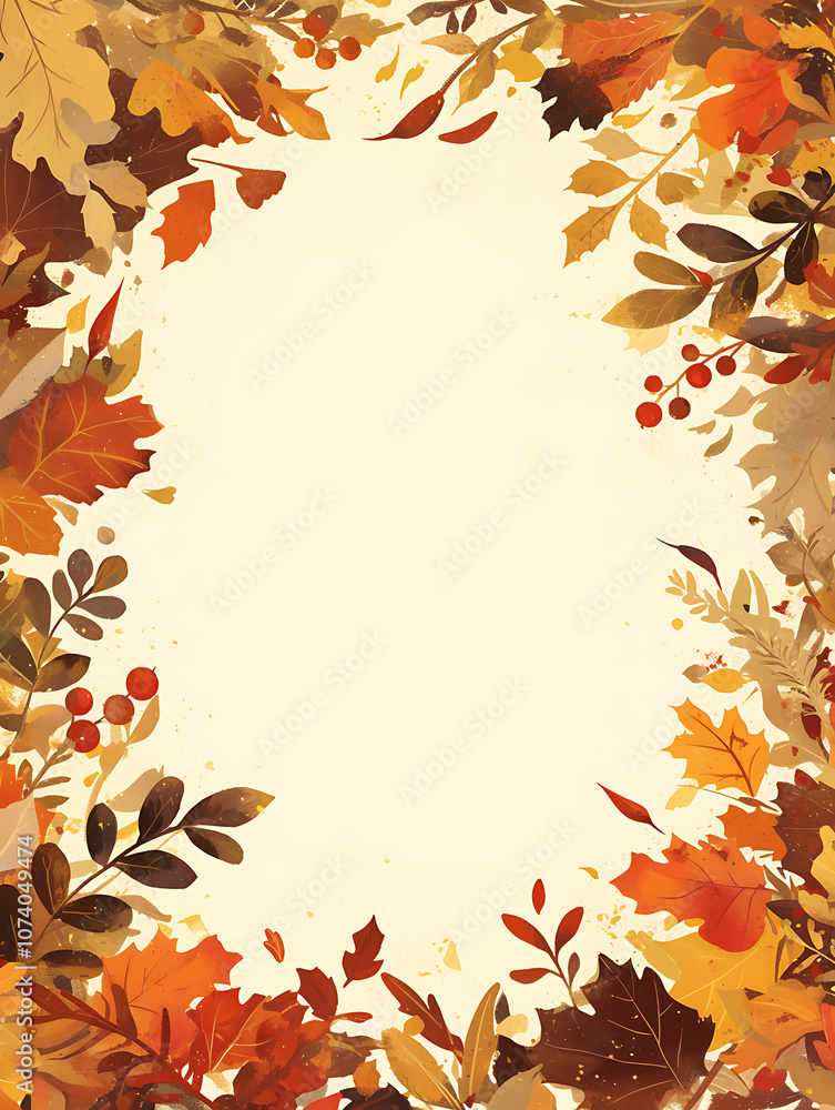 Poster Autumn-themed rectangular frame border illustration with a white background, a simple and clean design, an autumn color palette, with copy space in the center
