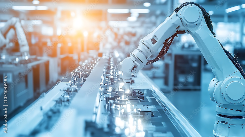 Aufkleber Automated car production line with robotic arms in modern factory