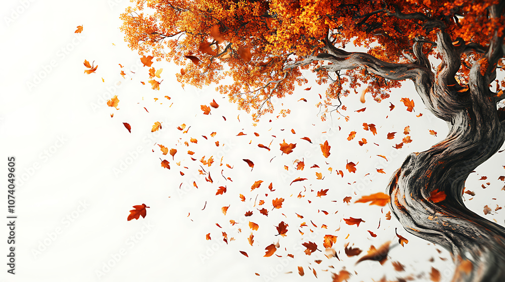 Poster Autumn background with an autumn tree and leaves swirling in the wind, design on a white background Autumn background with an autumn tree and falling leaves in a swirling shape