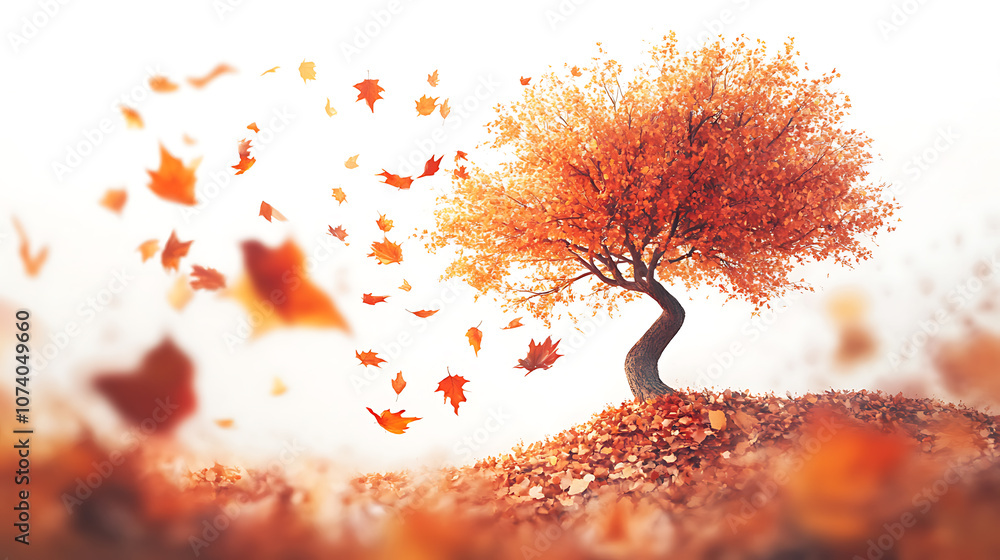 Aufkleber Autumn background with an autumn tree and leaves swirling in the wind, design on a white background Autumn background with an autumn tree and falling leaves in a swirling shape