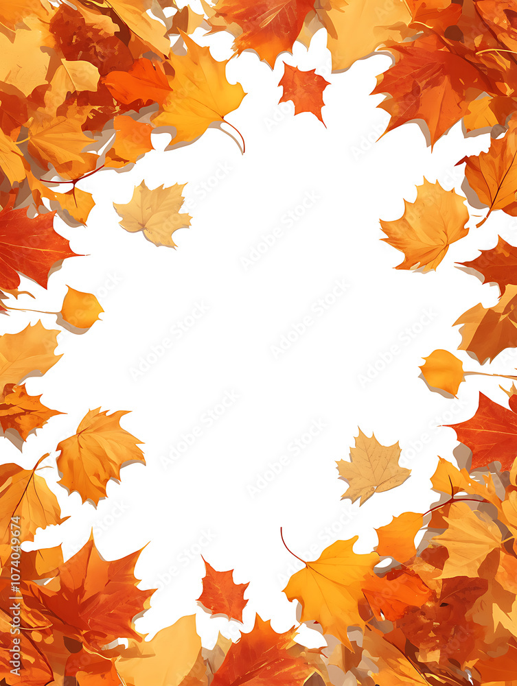 Poster autumn background with colored maple leaves framed, isolated on a white background