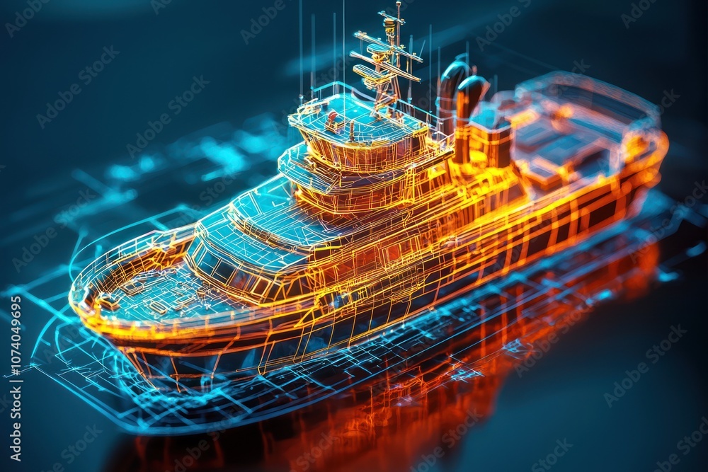Poster wireframe model of a ship with orange and blue lines