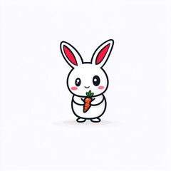 Fototapeta premium A cute cartoon rabbit holding a carrot, featuring large ears and rosy cheeks, set against a plain background.