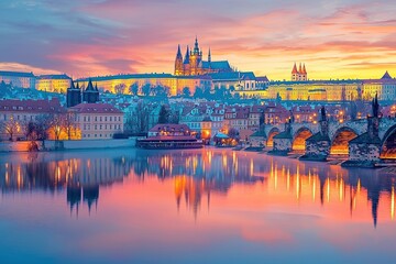 Fototapeta premium Prague Castle and Charles Bridge at Sunset