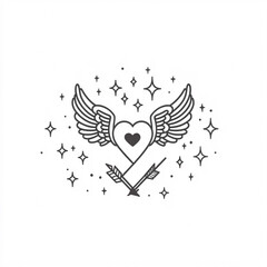 A minimalist design featuring a heart with wings and arrows, surrounded by stars, symbolizing love, freedom, and protection.
