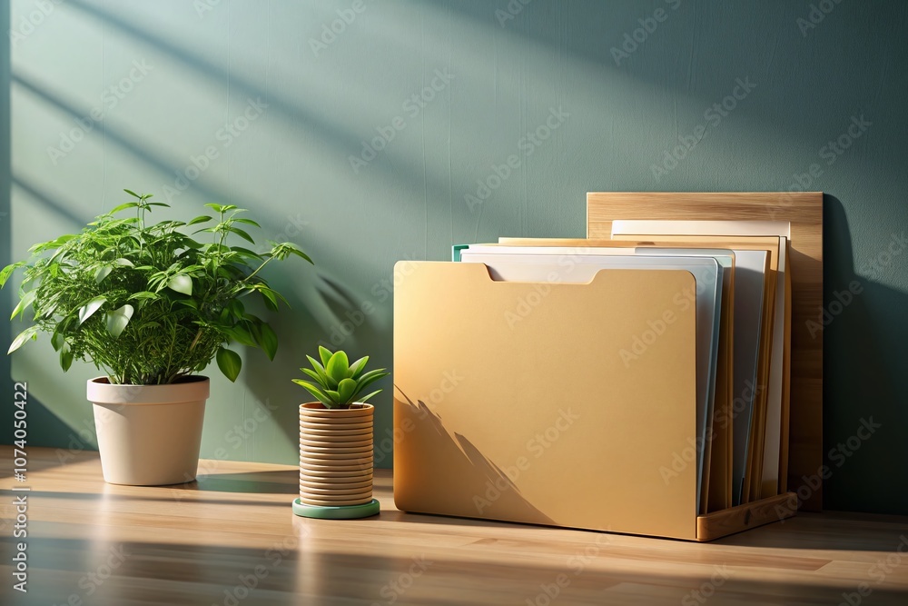 Poster candid photography of a 3d mockup of a plain file folder in neutral colors on a minimalist desk, sho