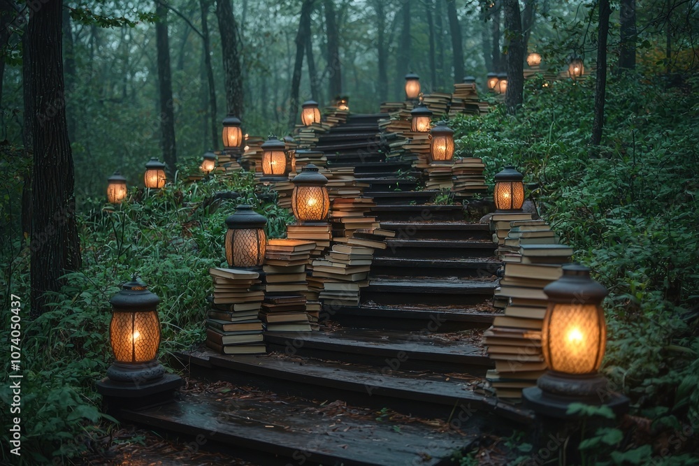 Poster illuminated path through a foggy forest lined with stacks of books and lanterns