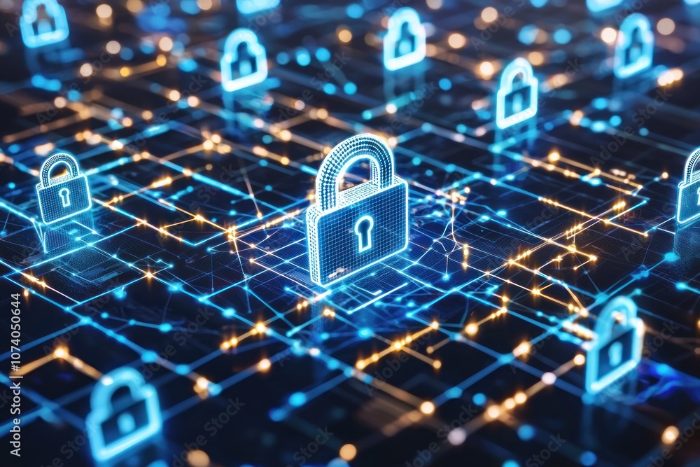 Poster cybersecurity network with glowing padlocks