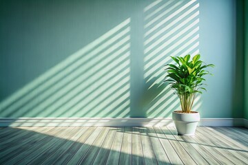 Candid Photography of a Simple, Bright Room Featuring a Single Green Plant in the Corner and a Blurry, Striped Shadow From an Off-Screen Window Creating a Peaceful Atmosphere