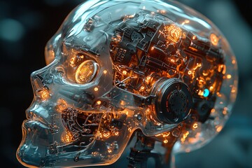 Transparent Mechanical Skull with Glowing Gears and Wires